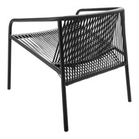 Black woven chair with a modern geometric pattern and sleek metal frame. Perfect for contemporary décor.