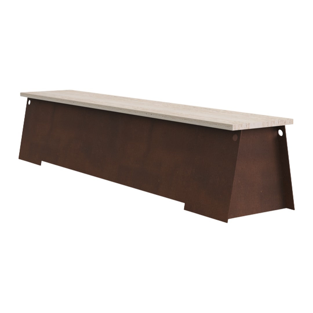 Rustic brown metal base with a light stone-patterned top, perfect for modern outdoor settings.