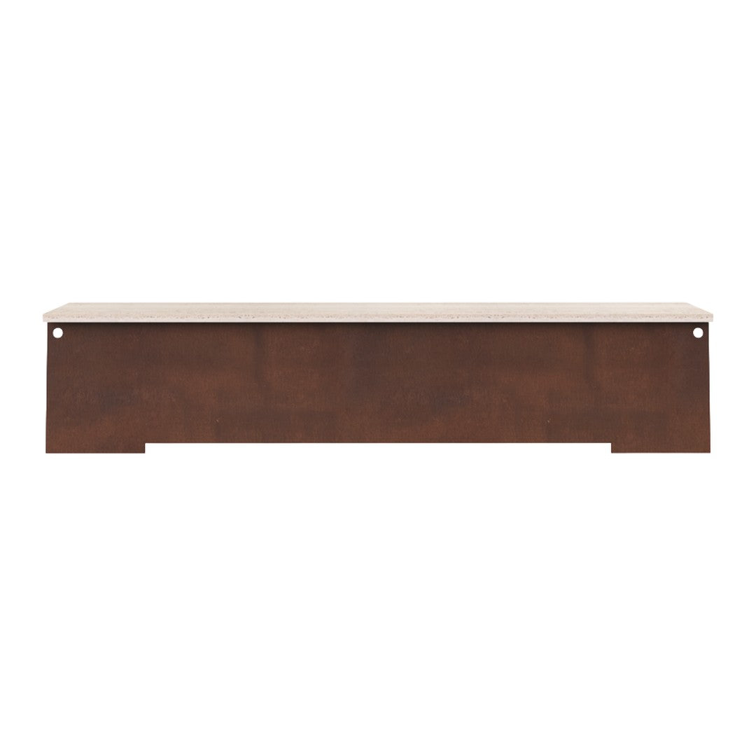 Brown wooden bench with a smooth white top and minimalist design, perfect for modern decor.