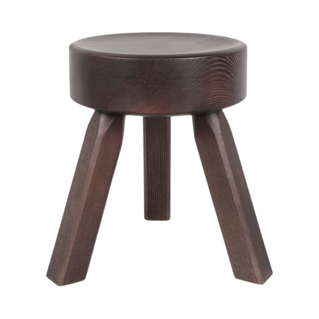 Dark brown wooden stool with a smooth round seat and tapered legs, showcasing a minimalist design.