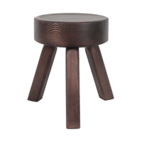 Dark brown wooden stool with a smooth, round top and tapered legs, showcasing a simple and modern design.
