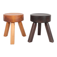 Two wooden stools in natural light brown and dark brown colors, featuring a smooth, round top and tapered legs.