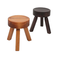 Two wooden stools in light brown and dark brown finishes with simple, round tops and tapered legs.