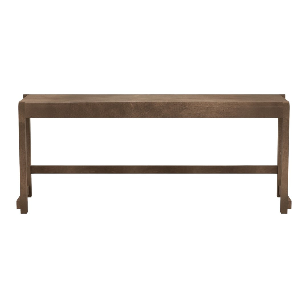 "Solid wood console table in warm brown finish with a sleek, minimalist design."