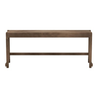 "Solid wood console table in warm brown finish with a sleek, minimalist design."