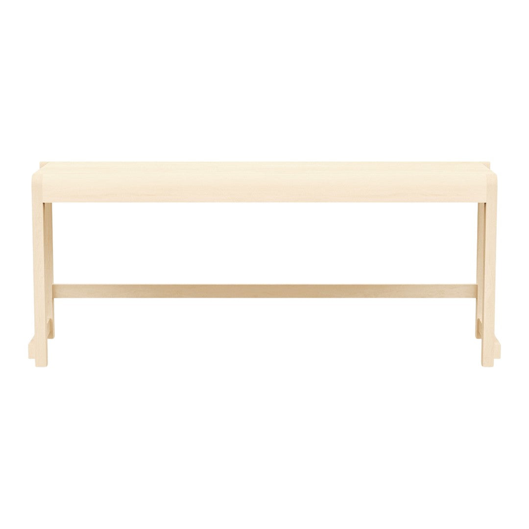 Cream-colored bench with a smooth, minimalist design and sleek lines, perfect for modern decor.