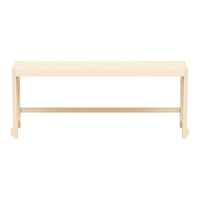 Cream-colored bench with a smooth, minimalist design and sleek lines, perfect for modern decor.