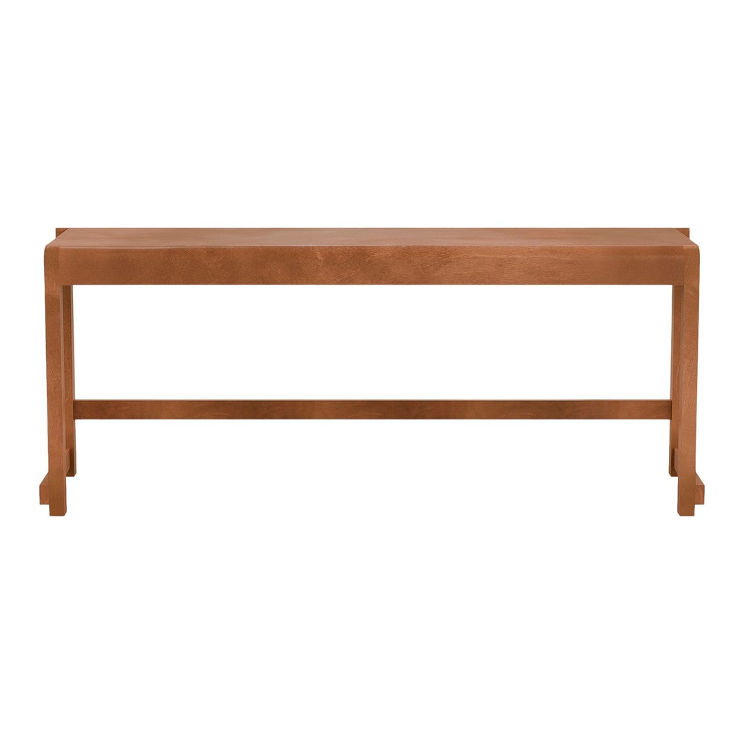 "Solid wood bench in warm brown finish with simple, modern design and clean lines."