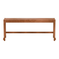 "Solid wood bench in warm brown finish with simple, modern design and clean lines."