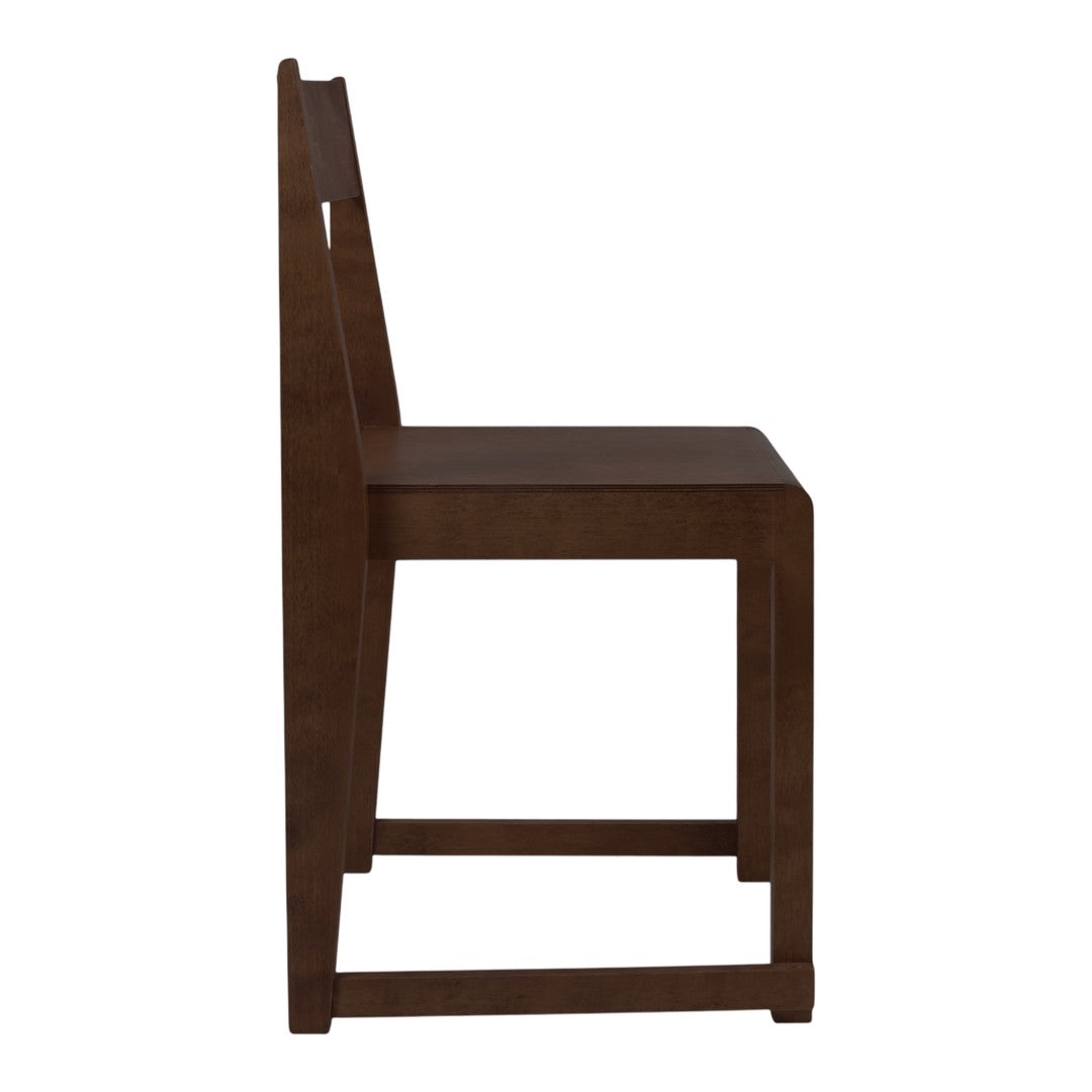 Dark brown wooden chair with a sleek, minimalist design. Ideal for contemporary decor.