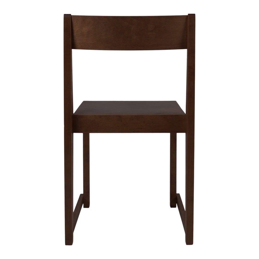 Dark brown wooden chair with a simple, minimalist design and smooth surface. Perfect for versatile decor styles.