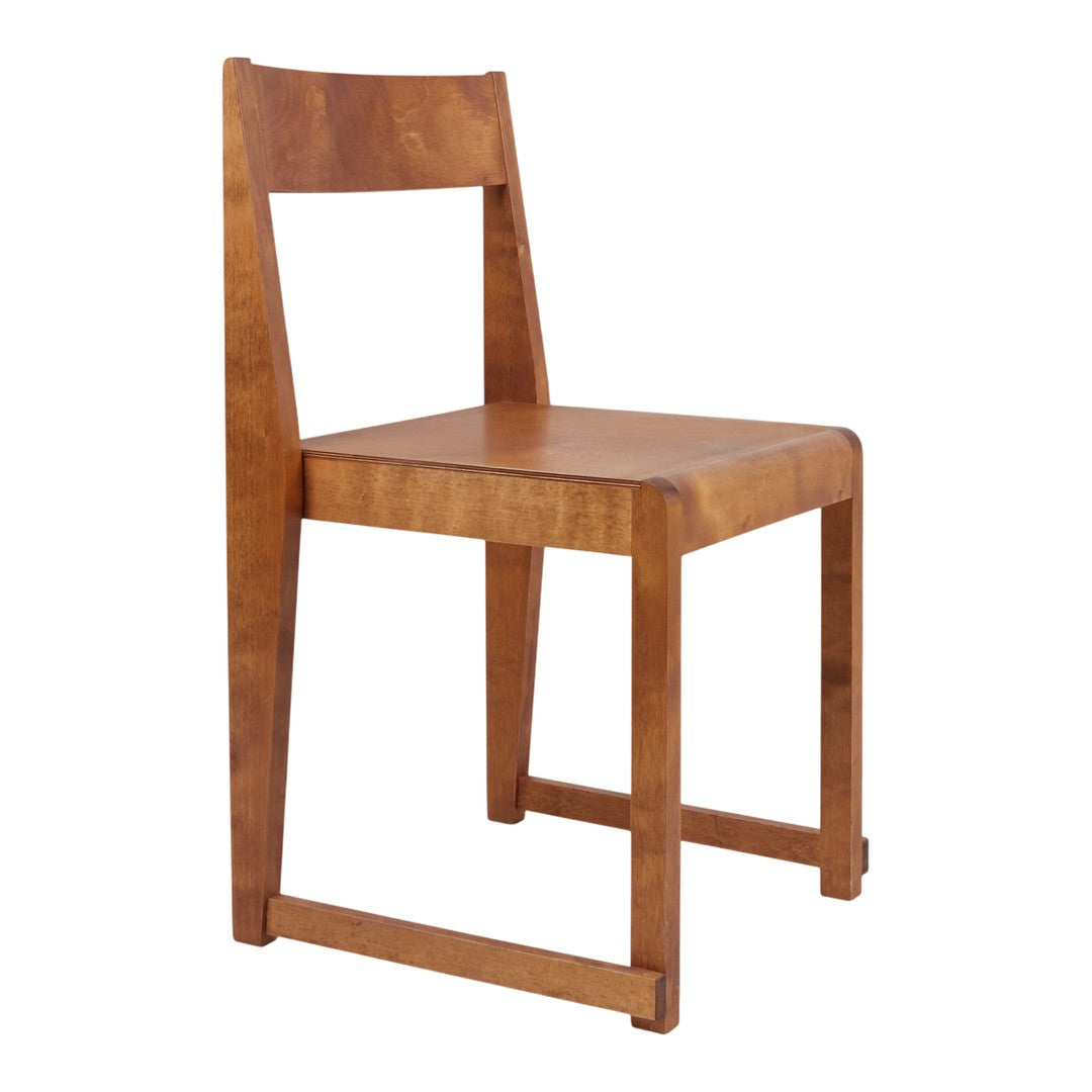 "Simple wooden chair in warm brown finish with smooth, sleek lines and a minimalist design."