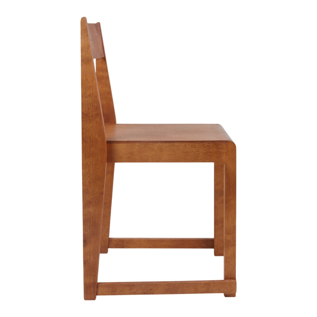 Side view of a solid wooden chair in warm, light brown with a smooth, minimalist design.