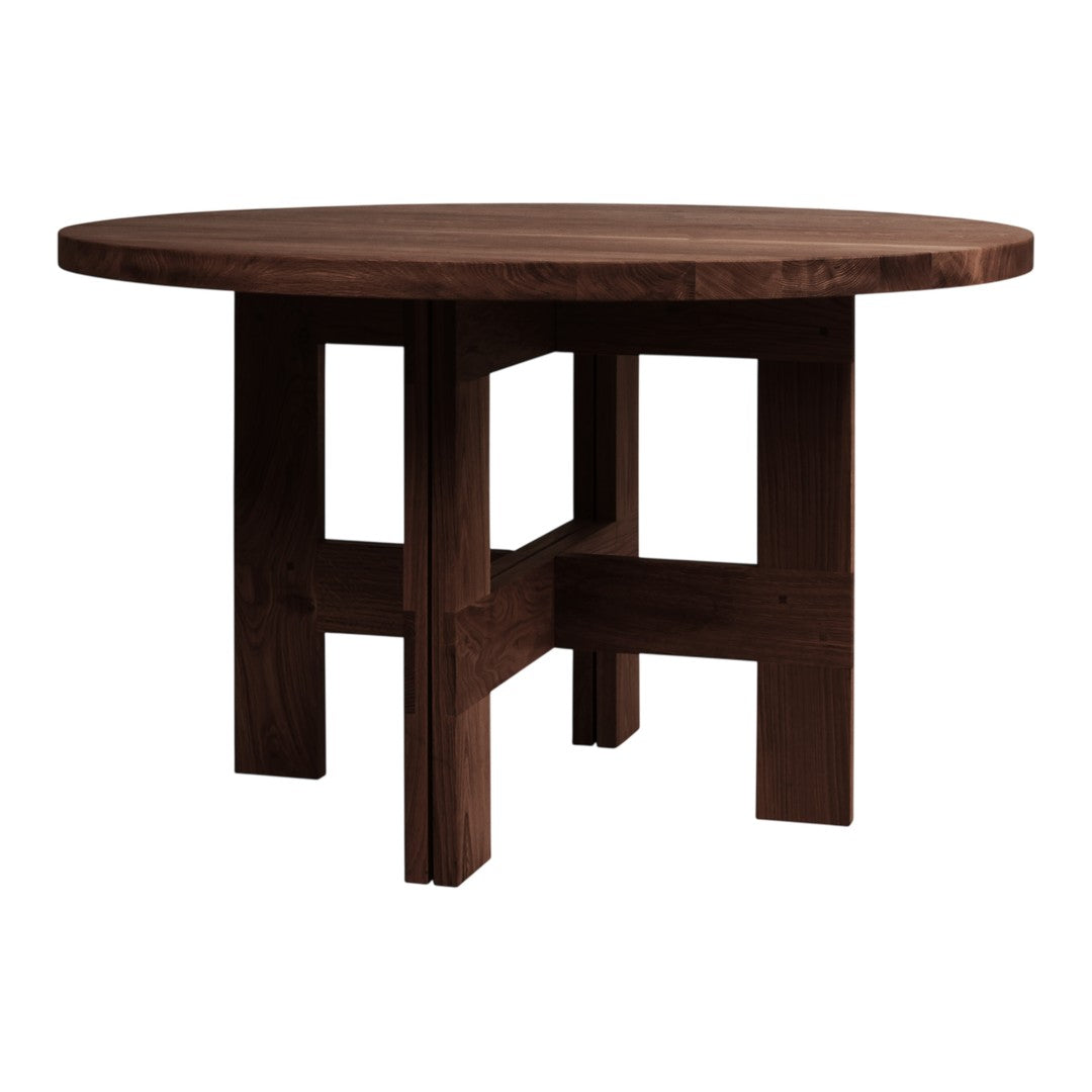 Round wooden table in rich dark brown with a smooth surface and minimalist design. Perfect for modern spaces.