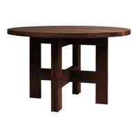 Round wooden table in rich dark brown with a smooth surface and minimalist design. Perfect for modern spaces.