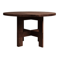 Round dark wood table with a smooth finish and a minimalist cross-design base for modern aesthetic.
