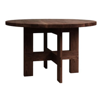 Round dark wood dining table with a minimalistic design and smooth, polished surface. Perfect for modern decor.