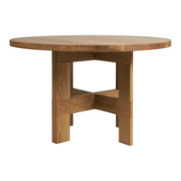 Round wooden table in a warm oak finish with a smooth surface and simple, modern design.