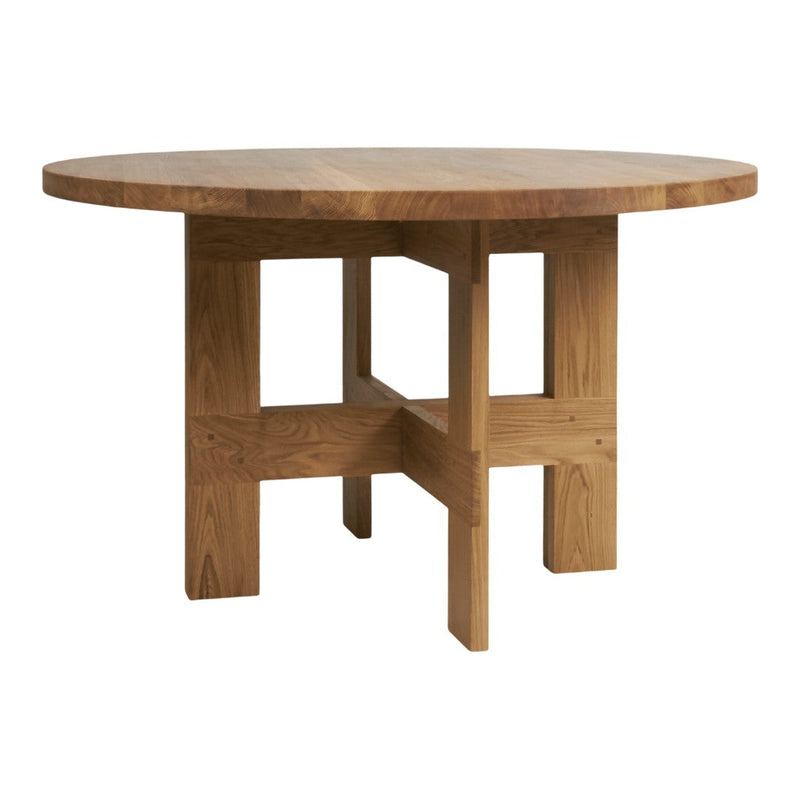 Round wooden table in light beige with a natural wood grain pattern and a sturdy, square leg design.