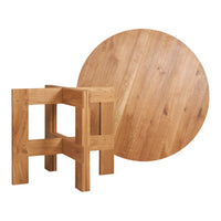 Light oak wood round table and square stool, showcasing a natural grain pattern and smooth finish.