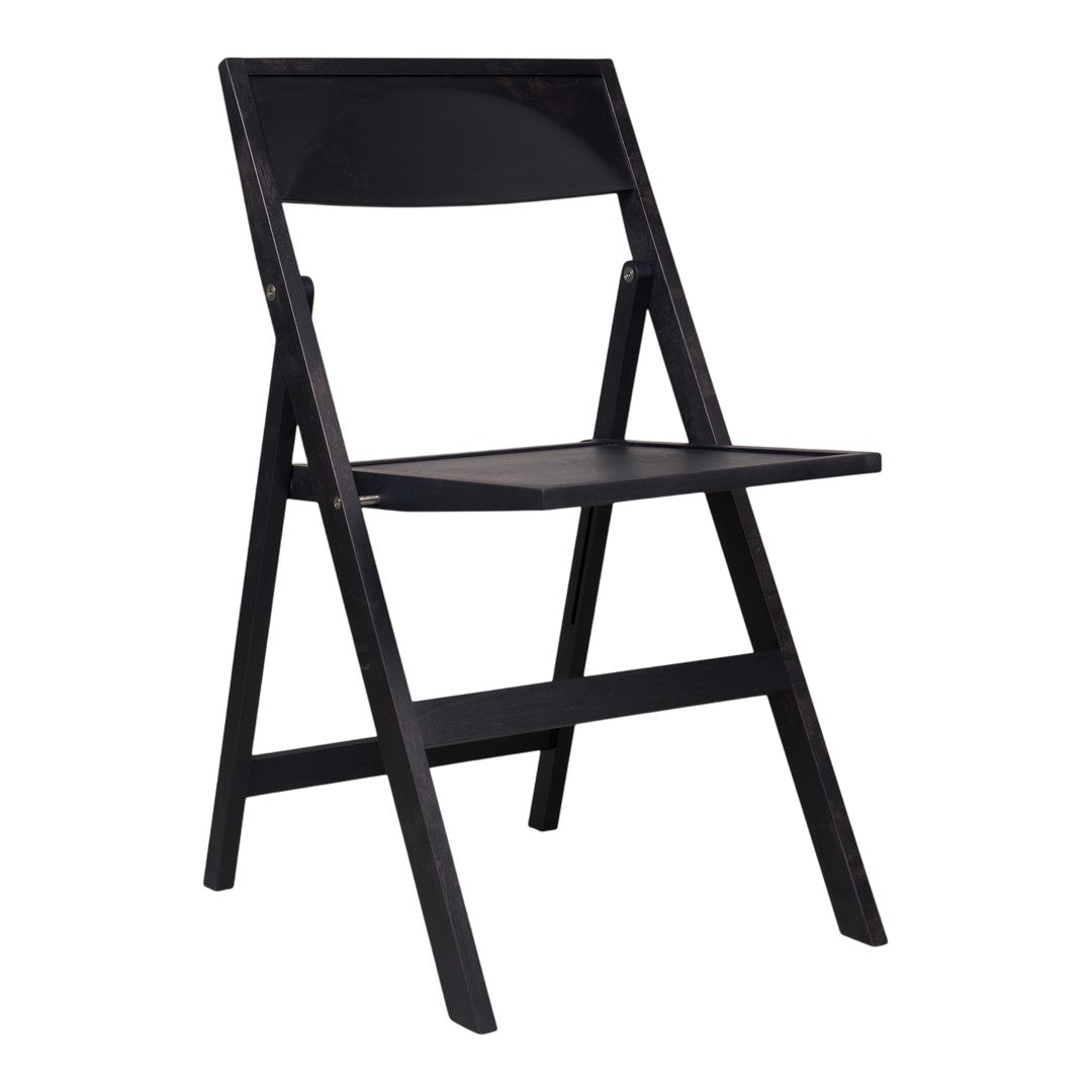 Black folding chair with a minimalist design, featuring a solid black finish and smooth, sleek lines.