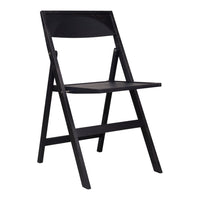 Black folding chair with a minimalist design, featuring a solid black finish and smooth, sleek lines.