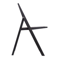 Black folding chair with a minimalist design and smooth finish, featuring sleek lines and a geometric silhouette.