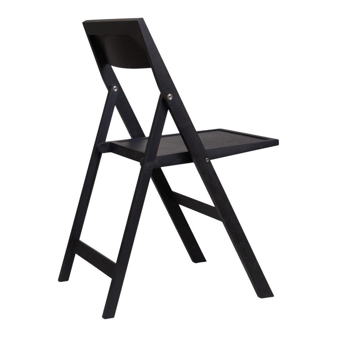 Black folding chair with a simple, sleek design and subtle matte finish, showcasing minimalistic style and durability.