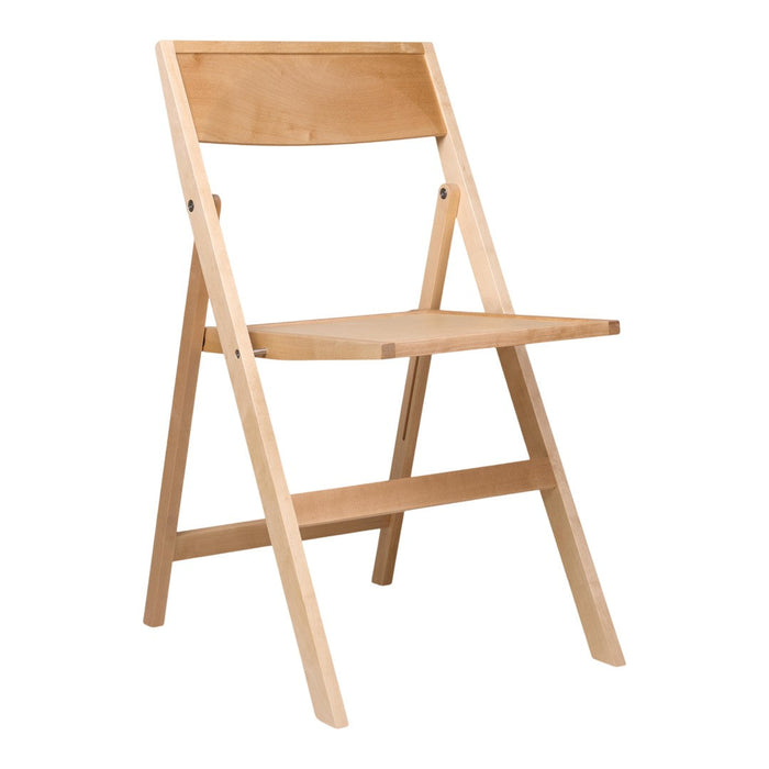Natural wood folding chair with a smooth finish and minimalistic design in light beige color.