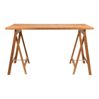 Natural wood desk with a warm, honey finish and minimalist design; features clean lines and triangular supports.