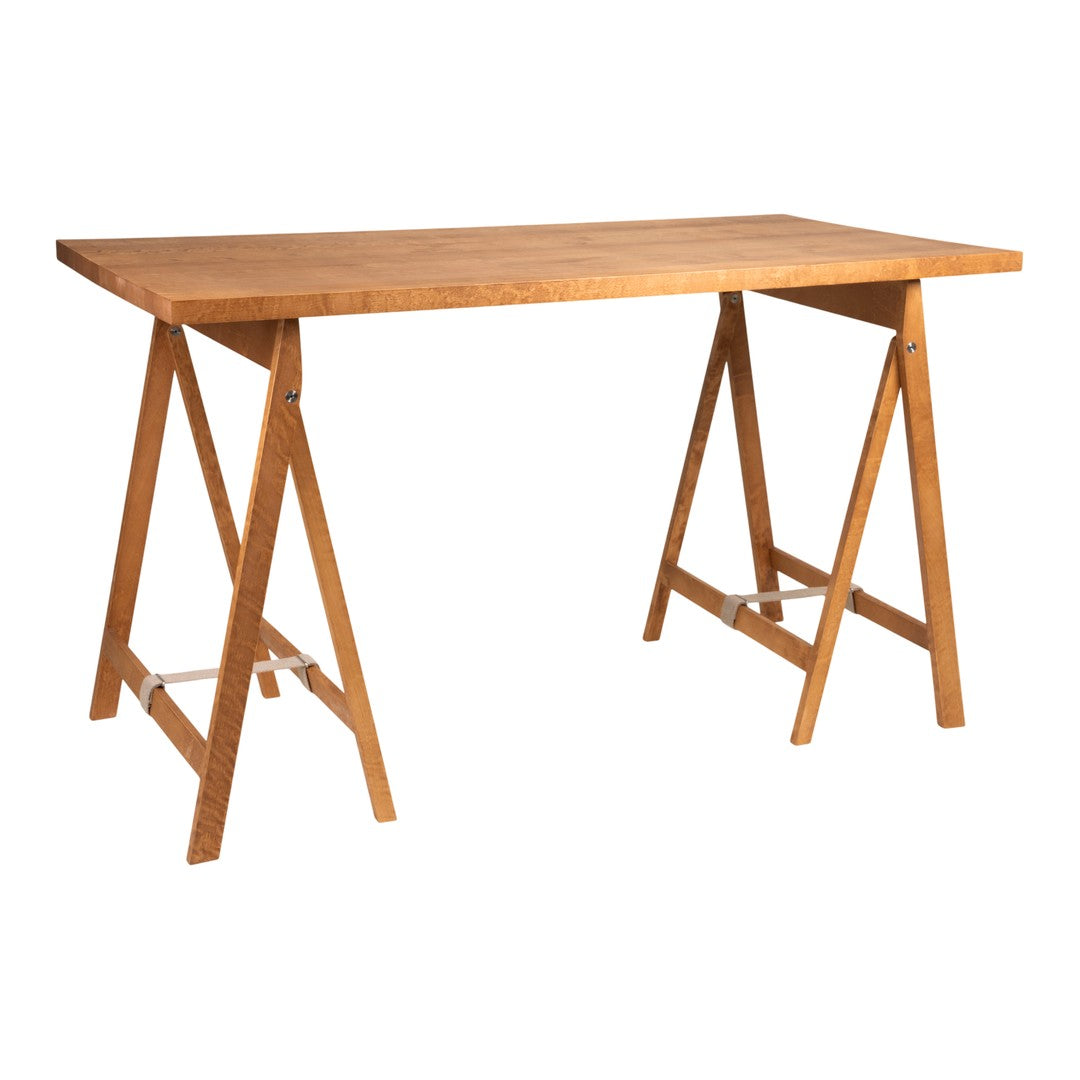 Natural wood finish table with a smooth surface and contrasting light brown colors. Stylish, minimalist design.