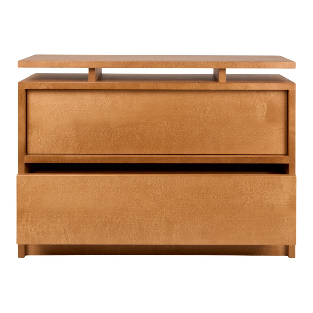 Modern wooden chest in warm honey brown finish with sleek, minimalist design. Features two spacious drawers.