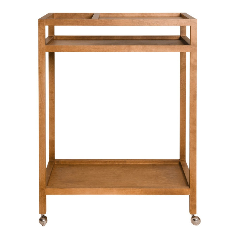 Modern metal cart in warm bronze finish with a sleek design and open shelves, ideal for stylish storage solutions.