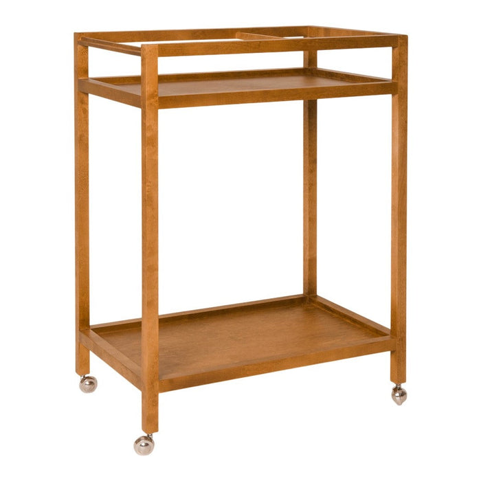 Wooden rolling cart with a warm honey finish and simple, modern design. Features clean lines and two spacious shelves.