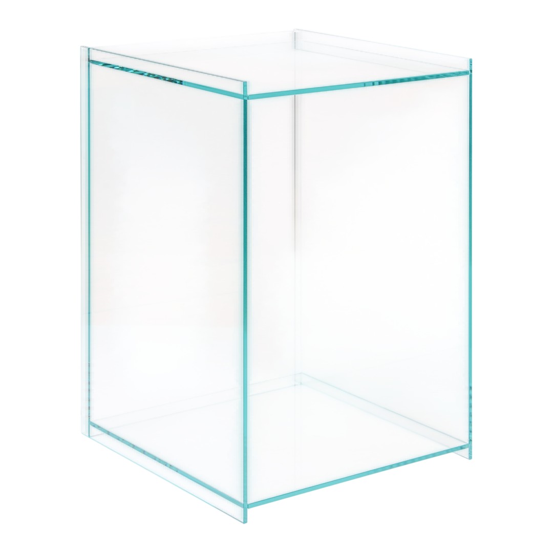 Clear glass display case with aqua-colored frame for showcasing items. Modern and sleek design.