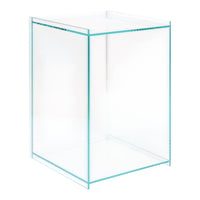 Clear glass display case with aqua-colored frame for showcasing items. Modern and sleek design.