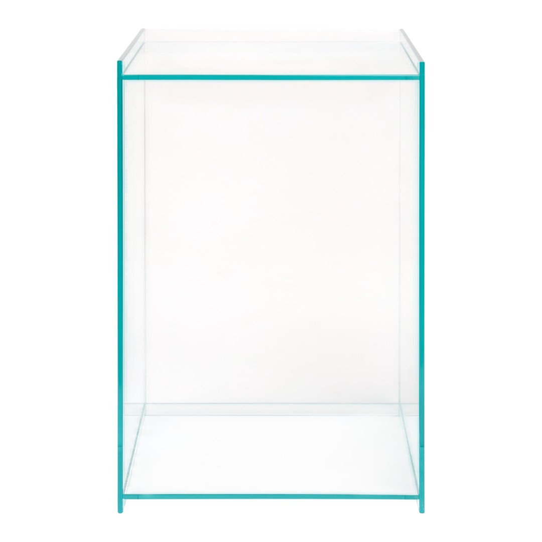 Clear acrylic display with turquoise edges, showcasing a minimalistic and modern design.