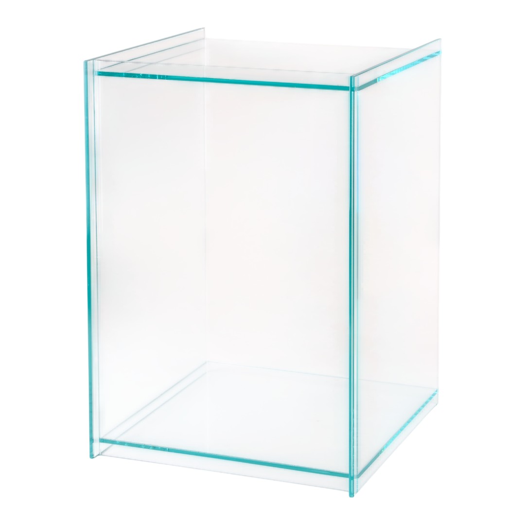 Clear acrylic display cube with turquoise edges, perfect for showcasing collectibles or decor items.