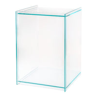 Clear acrylic display cube with turquoise edges, perfect for showcasing collectibles or decor items.