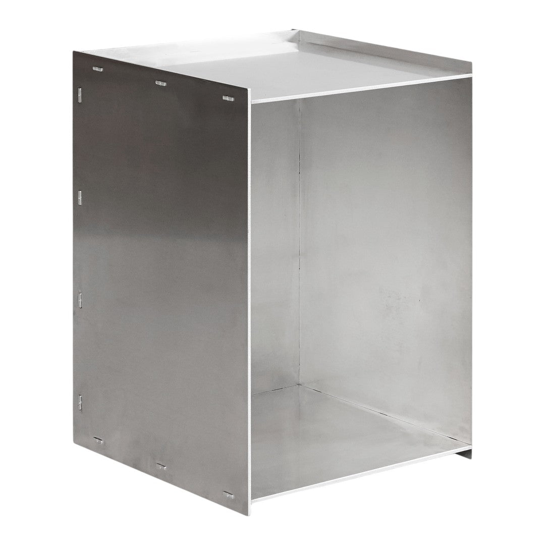 Stainless steel storage cube with a sleek, shiny surface and minimalistic design.