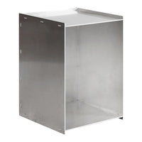 Stainless steel storage cube with a sleek, shiny surface and minimalistic design.