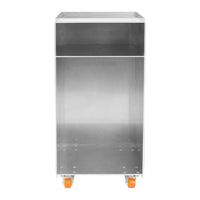 Metallic silver storage cart with smooth surface and bright orange wheels, featuring a sleek and minimalist design.