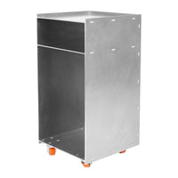 Silver metal storage cart with a minimalist design and orange wheels, featuring a simple, clean pattern.