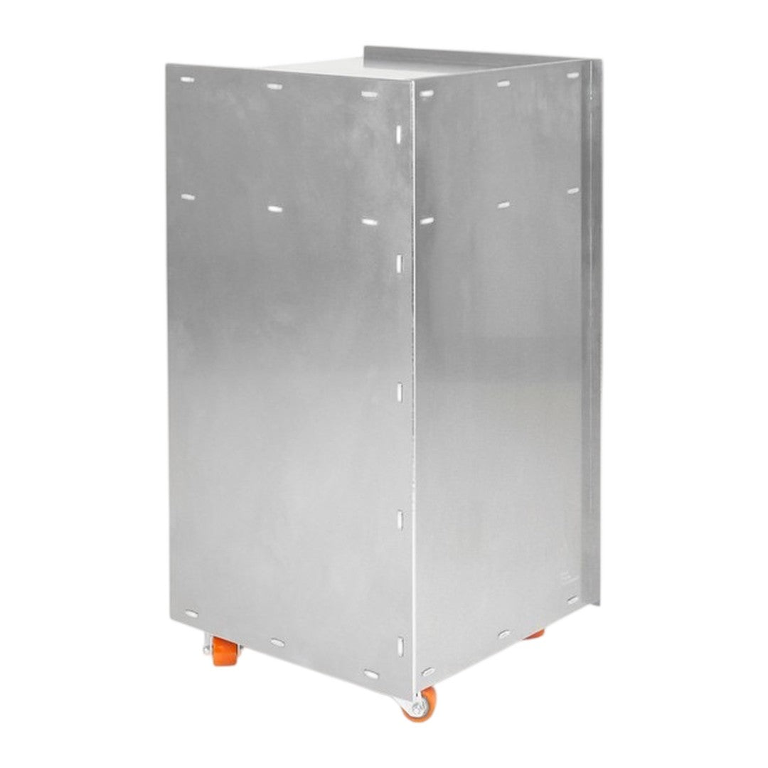 Silver metallic cart with a smooth finish and vibrant orange wheels. Ideal for modern industrial settings.