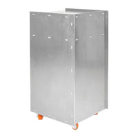 Silver metallic cart with a smooth finish and vibrant orange wheels. Ideal for modern industrial settings.
