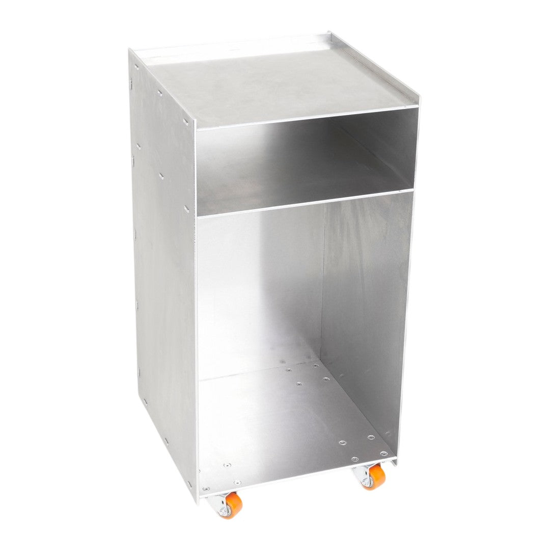 Silver metal cart with a smooth surface and transparent coating, featuring orange wheels for mobility.