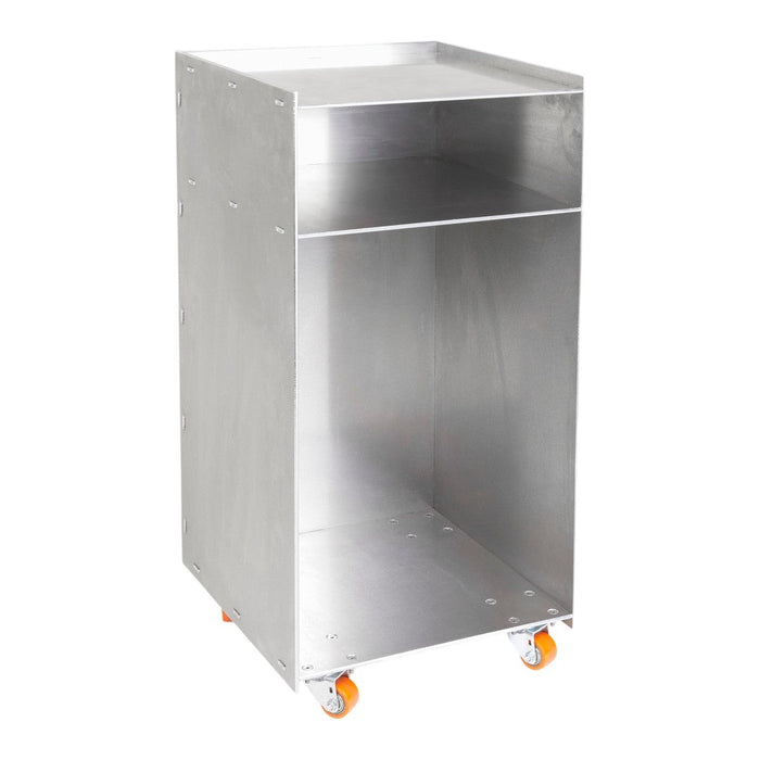 Sleek metallic silver storage cart with smooth finish and orange caster wheels, ideal for modern spaces.