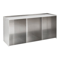 Sleek silver metal console table with a minimalist design and three open compartments, reflecting a contemporary aesthetic.