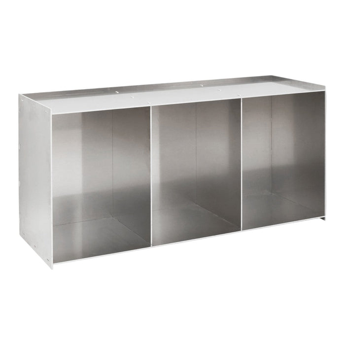 Sleek silver metal console table with a minimalist design and three open compartments, reflecting a contemporary aesthetic.