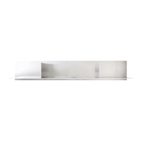 Sleek white and silver modern shelf with a minimalist design and smooth, reflective surfaces.